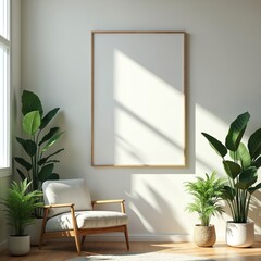 Minimalist living room interior features a white wall with a large poster frame. Green plants in pots add natural touch near a comfortable armchair. Sunlight streams through window creating shadows.