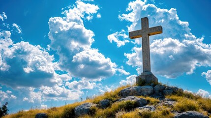 Empty Roman Cross on Hill under Blue Sky