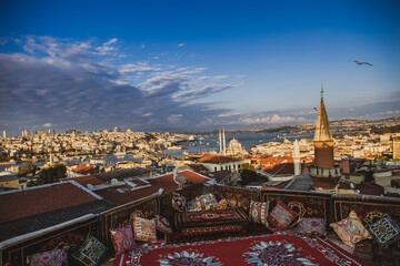 Great panoramic view of Istanbul from high terrace at sunrise decorated traditional colorful ornament