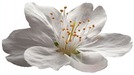 A white flower displays its wide open petals showing delicate details. Yellow pollen sits in the center creating a striking view. This scene captures nature's design.
