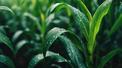Corn plants stand tall with green leaves covered in water droplets. The scene captures a rural area with rows of crops displaying nature's freshness in the afternoon light.