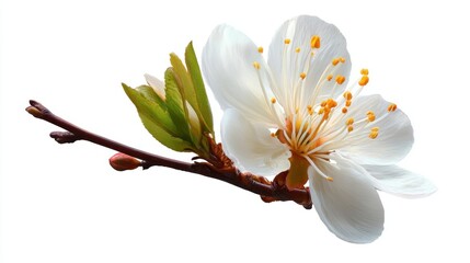 A white flower displays its petals with yellow dots on a branch. The scene highlights the leaves and the structure of the flower. This moment captures a natural setting in springtime.