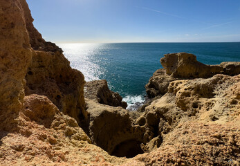 Part of the Algar Seco Cliff Walk, over the eroded limestone cliffs close to Carvoeiro, Algarve, Portugal 