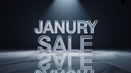 3d text rendering of janury sale in metallic silver with dramatic spotlight illumination on a reflective dark surface