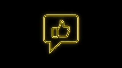 Bright yellow glowing neon outline thumbs up icon inside a modern speech bubble illustration on a dark black background, symbolizing positive social media feedback and agreement.