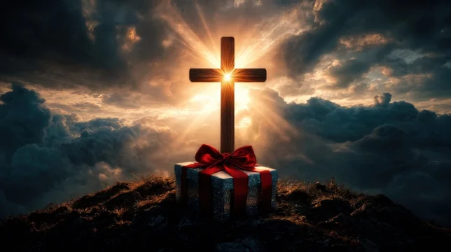 Cross under Dark Clouds with Glowing Gift and Sky Opening