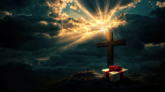 Wooden Cross on Hill Lit by Heavenly Portal with Gift Below