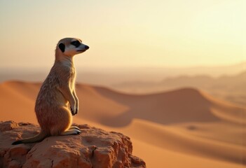 Alert Meerkat on Rocky Outcrop Vigilant Watch Large Barren Expanse Clear Desert Sky