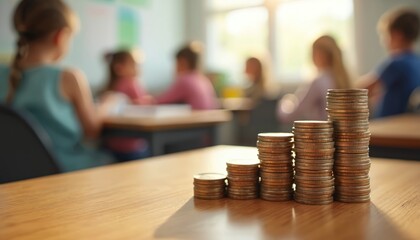 Illustration of coin stacks on desk inside a classroom setting with children in background. Concept is about finance education in school. The photo is aimed at business and education themes.