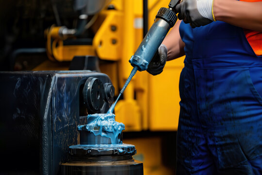 Industrial mechanic lubricates machinery part with blue grease gun. - Powered by Adobe