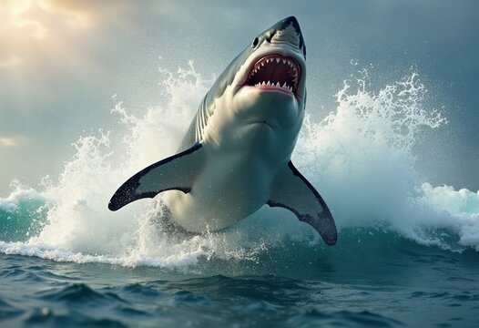 Great White Shark Breaching Dramatic Ocean Waves Chasing Prey Understated Bold Action