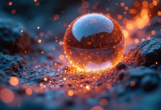 Radiant Steel Reflective Sphere Emitting Tomes of Light in Vibrant Digital Atmosphere