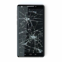 Broken smartphone screen with cracks isolated on white background