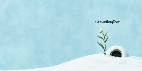 groundhog day art concept, a serene watercolor depicts a melting snowy landscape with a round burrow entrance and a blooming flower, entitled groundhog day