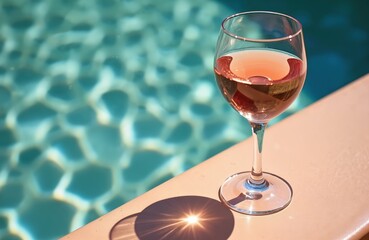 Glass of rose wine rests on edge of swimming pool. Sunny day, water reflects light patterns. Refreshment drink next to clear blue pool water.