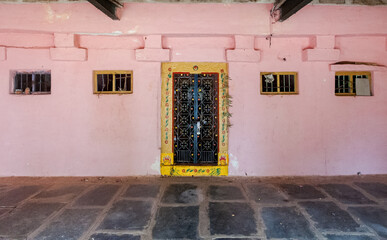 Entrance to the ancient Sathya Sai Baba temple on the outskirts of Puttaparthi, Andhra Pradesh, India