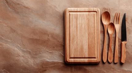 Fototapeta premium “An empty wooden cutting board rests on a monochrome brown background, accompanied by simple cutlery on a dining table for a clean, rustic presentation.”