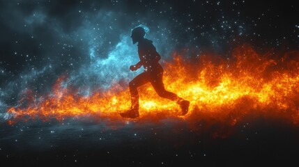 Naklejka premium A dramatic silhouette of a person walking through a fiery nebula in the vastness of space. This image evokes themes of resilience, transformation, and venturing into the unknown.