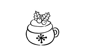Hand-Drawn Christmas Clipart Christmas hot chocolate mug with whipped cream and holly, snowflake design, isolated on white isolated on transparent background