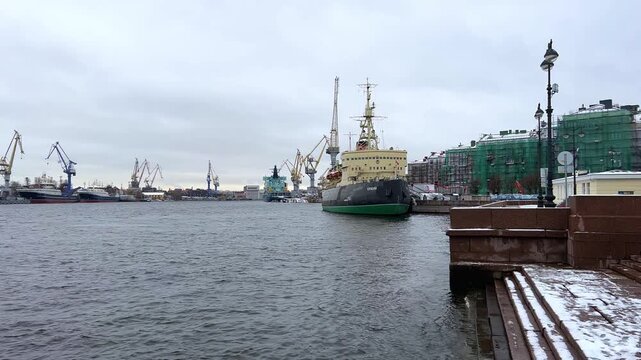 ST. PETERSBURG, RUSSIA - November 15, 2025: View of the old icebreaker Krasin on a frosty November day. Currently, the icebreaker, which was used in the polar regions, is a museum located on the Neva 