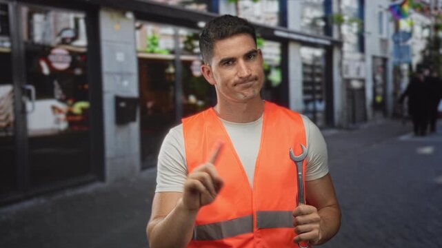 Man in orange safety vest points finger while holding a wrench beside a storefront and urban building on a busy street; safety caution.
