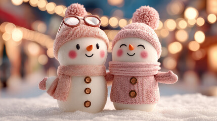 Adorable snowman couple, dressed in cozy pink hats and scarves, smiles warmly against a winter backdrop filled with soft bokeh lights.