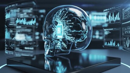 Digital brain with microchip and circuitry overlay in futuristic blue light - Powered by Adobe