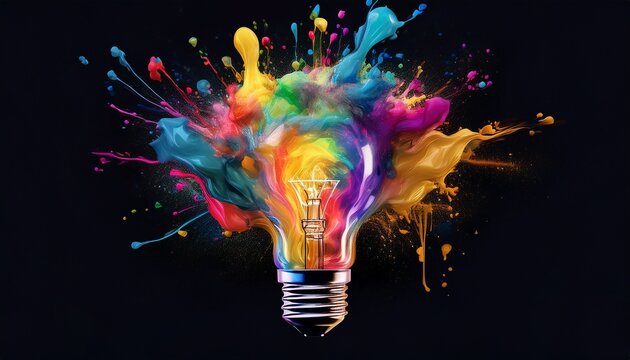 creative light bulb explodes with colorful paint sparks and splashes on a black background concept think differently creative idea concept motion color ink swirling