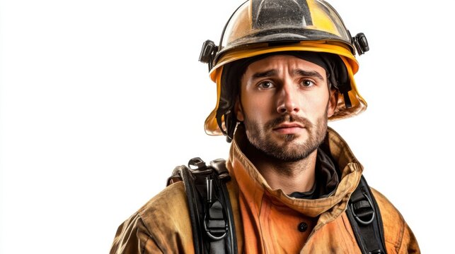 Firefighter wearing safety equipment and helmet, emergency service concept - Powered by Adobe