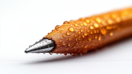 A detailed close-up shot of a wooden pencil covered in glistening water droplets. The image highlights the texture of the wood and the reflective quality of the water.