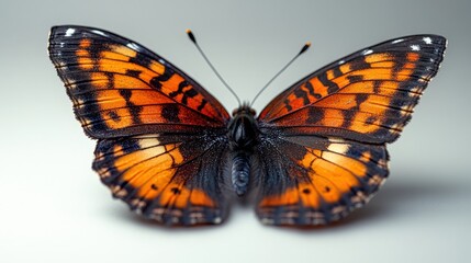 A stunning close-up photograph of a vibrant orange butterfly with intricate black wing patterns, set against a soft, light background. Perfect for nature, beauty, and wildlife photography.