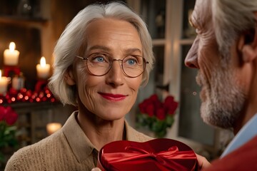 Elegant senior woman receives a beautiful heart shaped box of chocolates from her loving partner by candlelight