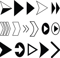 Arrows icons set, modern simple flat black vector pointer signs. Arrow icon set for forward click buttons, web design arrow navigation and apps elements isolated on a transparent background.