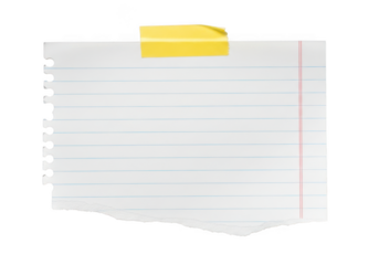 A piece of lined notebook paper with torn bottom and top edges isolated on transparent background