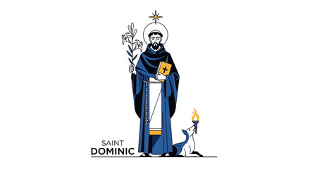 Saint Dominic illustration with dog holding torch, showcasing faith, devotion, and timeless religious symbolism for modern spiritual designs and traditional church publications