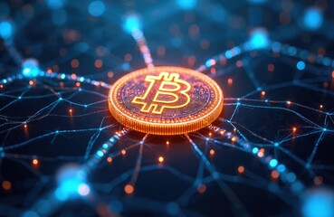 Golden bitcoin symbol glows within digital network grid with blue, orange nodes. Blockchain technology concept connects data points. Futuristic finance, crypto exchange idea. Virtual currency