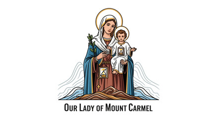 Our Lady of Mount Carmel illustration, a beautiful depiction of faith and devotion, ideal for religious education, church publications, and spiritual guidance materials