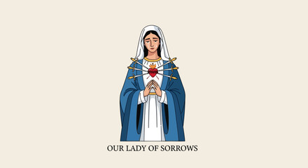Our Lady of Sorrows illustration conveying compassion and faith, evoking serenity and reverence for religious themes, perfect for spiritual reflection and inspirational designs