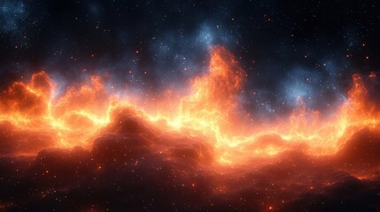 Fototapeta premium A breathtaking image of a vibrant cosmic scene featuring swirling clouds of fiery orange and blue hues against a dark starry background. Evokes a sense of wonder and the vastness of space.