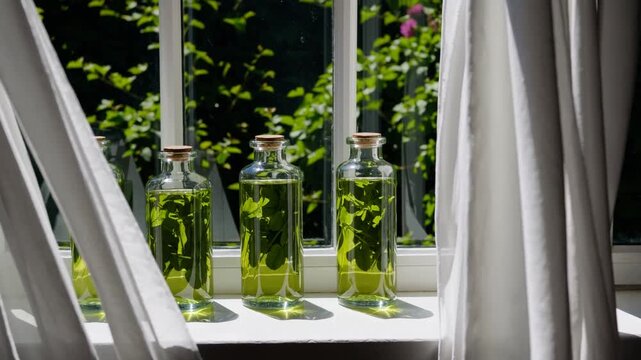 Fresh herbal infusion in glass bottles on a sunny window sill surrounded by greenery