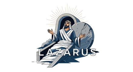 Stunning resurrection moment of Lazarus emerging from tomb with divine light radiating behind him in bold illustration style