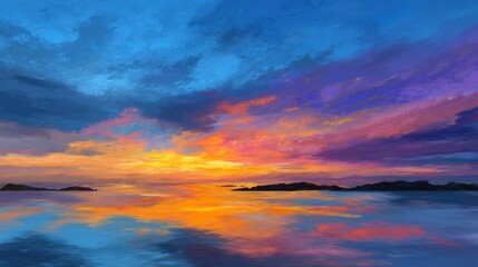 Obraz premium A sunset shows shades of red orange pink and purple over water. The sky reflects colorful hues in the tranquil surface. Small islands appear in the distance.