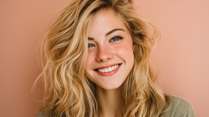 Fototapeta premium A young woman with blonde hair smiles at the camera. Her wavy hair frames her face and she stands in front of a pink wall. The light highlights her features as she poses happily.