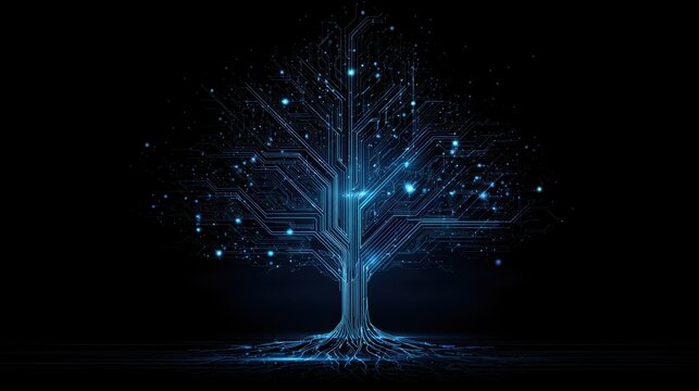 A digital tree design features circuits and glowing lights against a dark background. This illustration shows roots a trunk and branches made of technology elements.