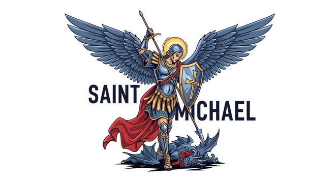 Powerful Saint Michael the Archangel warrior triumphing over evil dragon with sword and shield design