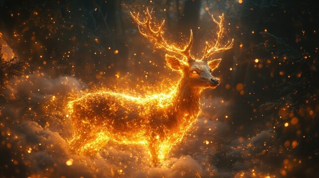 A majestic deer with strikingly bright orange glowing antlers stands amidst a dramatic, fiery forest landscape, evoking a sense of magic and wonder.