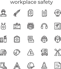 Work Safety Icon Set in Line Style with Editable Stroke for Workplace, Security, Protection, and Industrial Safety
