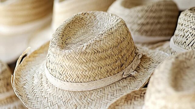 Video A collection of straw hats stacked on top of each other, ideal for use in still life or lifestyle