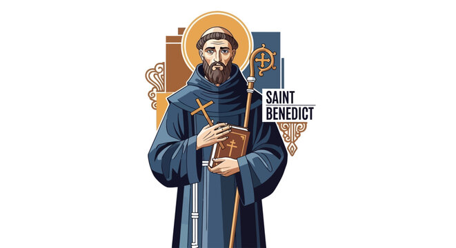 Striking modern graphic depiction of Saint Benedict holding his staff and religious text perfect for cultural or religious design projects