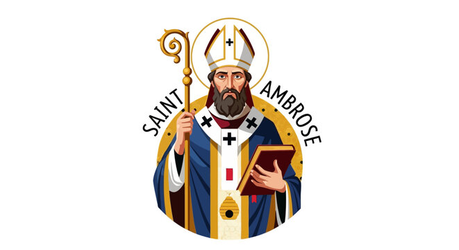 Stunning portrait of Saint Ambrose bishop holding a crosier and sacred book in vibrant religious emblem design
